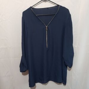 Navy Blue Semi Sheer Blouse Zipper Detail 2X